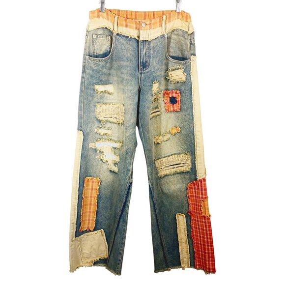 Oli & Hali Denim - Oli & Hali Dawn Patchwork Wide Straight Jeans Size Small Mixed Media, Retro Edgy